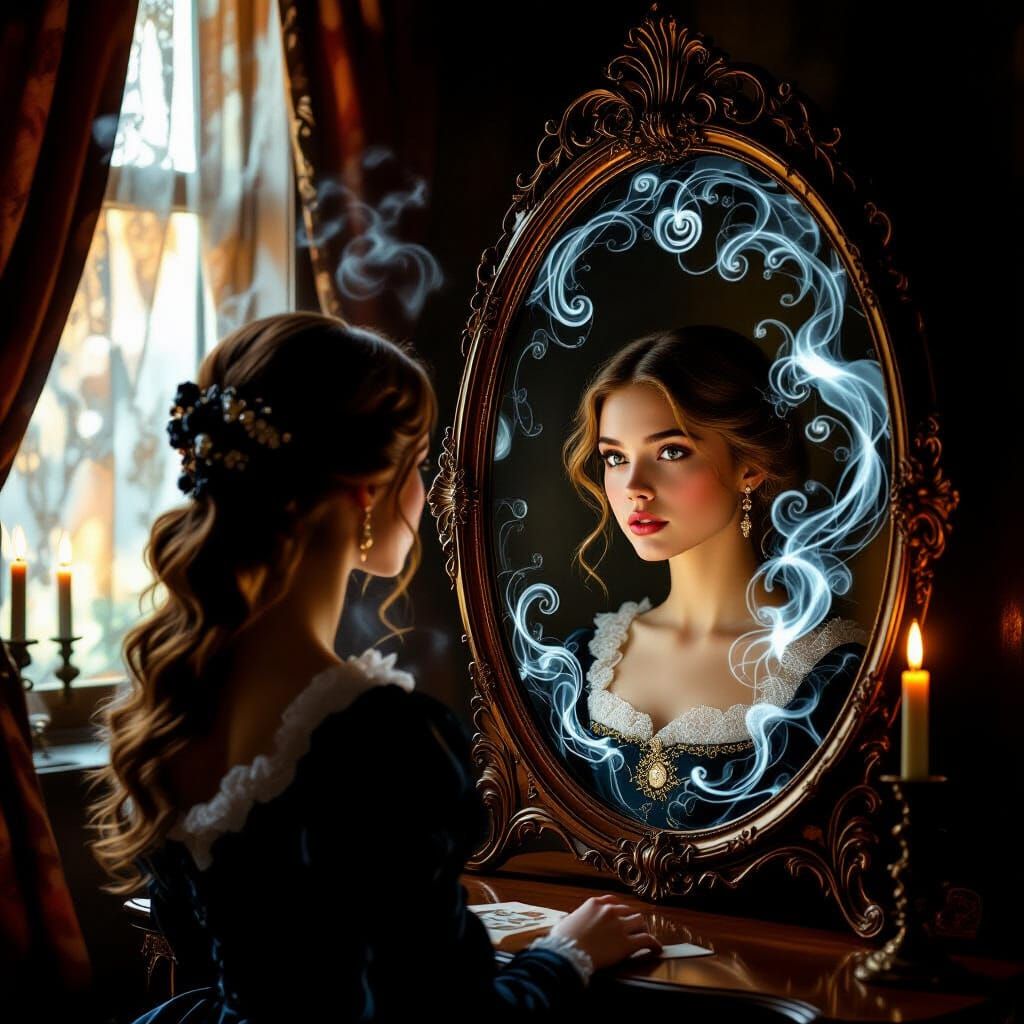 Baroque Portrait of Woman Gazing into Mystical Mirror