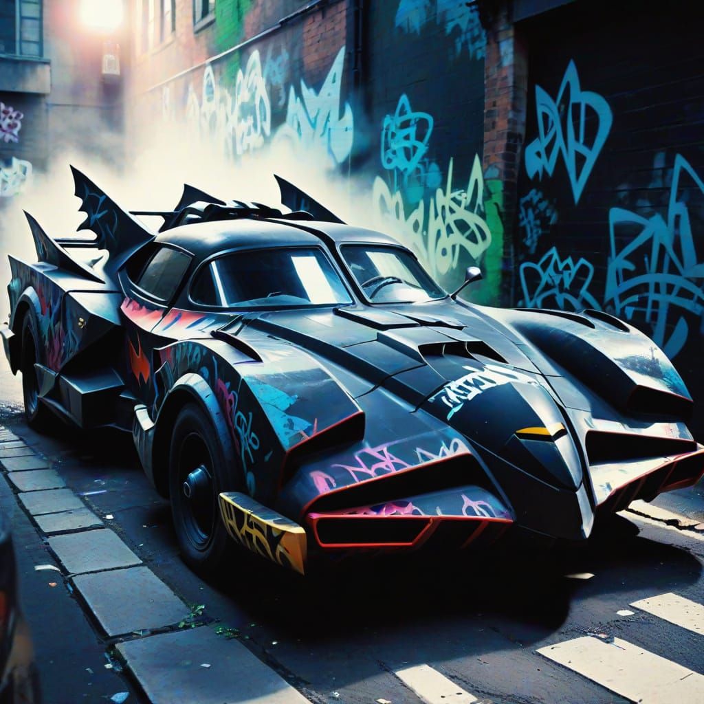 Graffiti Batmobile in Dark Alleyway, Stencil Art