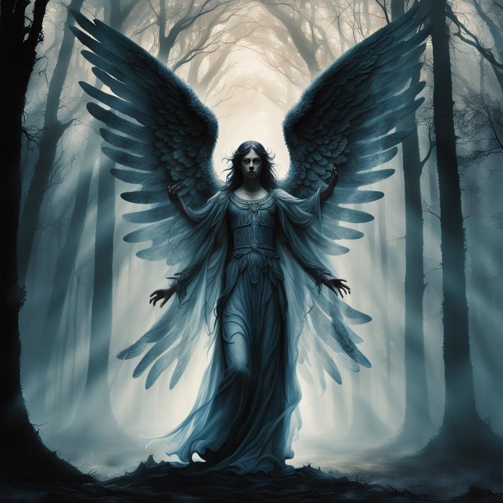 Dramatic Angel in Mystical Forest: Gothic Art
