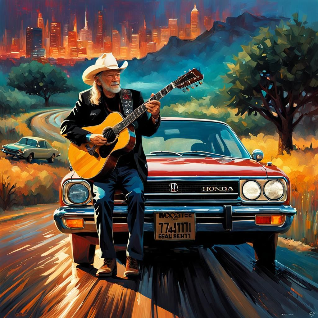 Musician with Guitar and Car in Splash Art Style