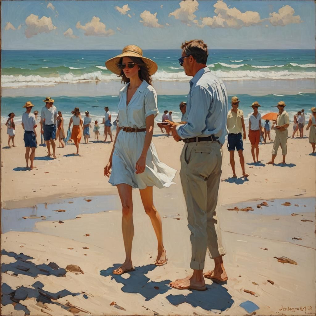 Decorative Modern Beach Scene in Oil Painting Style