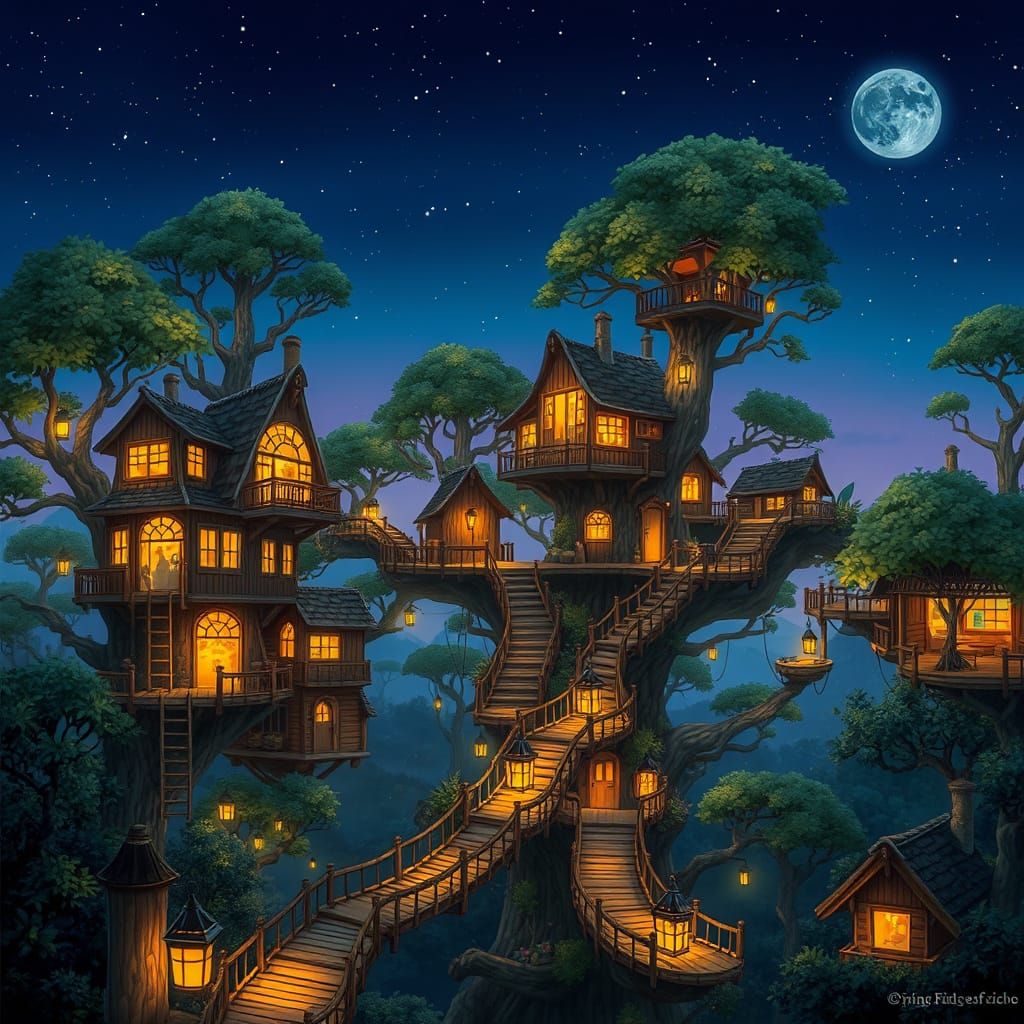 Whimsical Treehouse Cityscape at Dusk