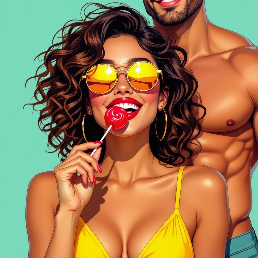 Woman with Mirrored Glasses Reflecting Man, Futuristic Style