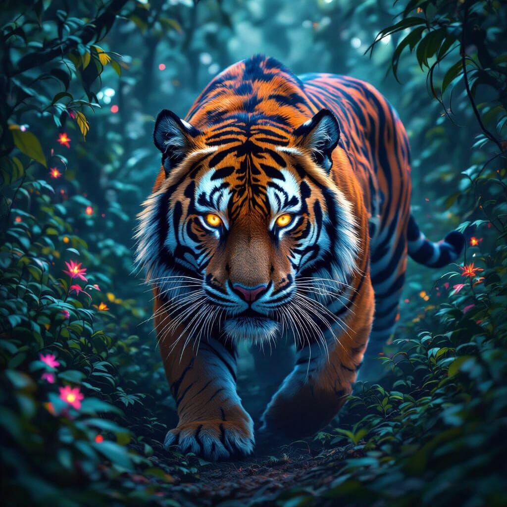 A majestic tiger with intricate tribal markings, prowling through a dense jungle filled with bioluminescent flora. The t...