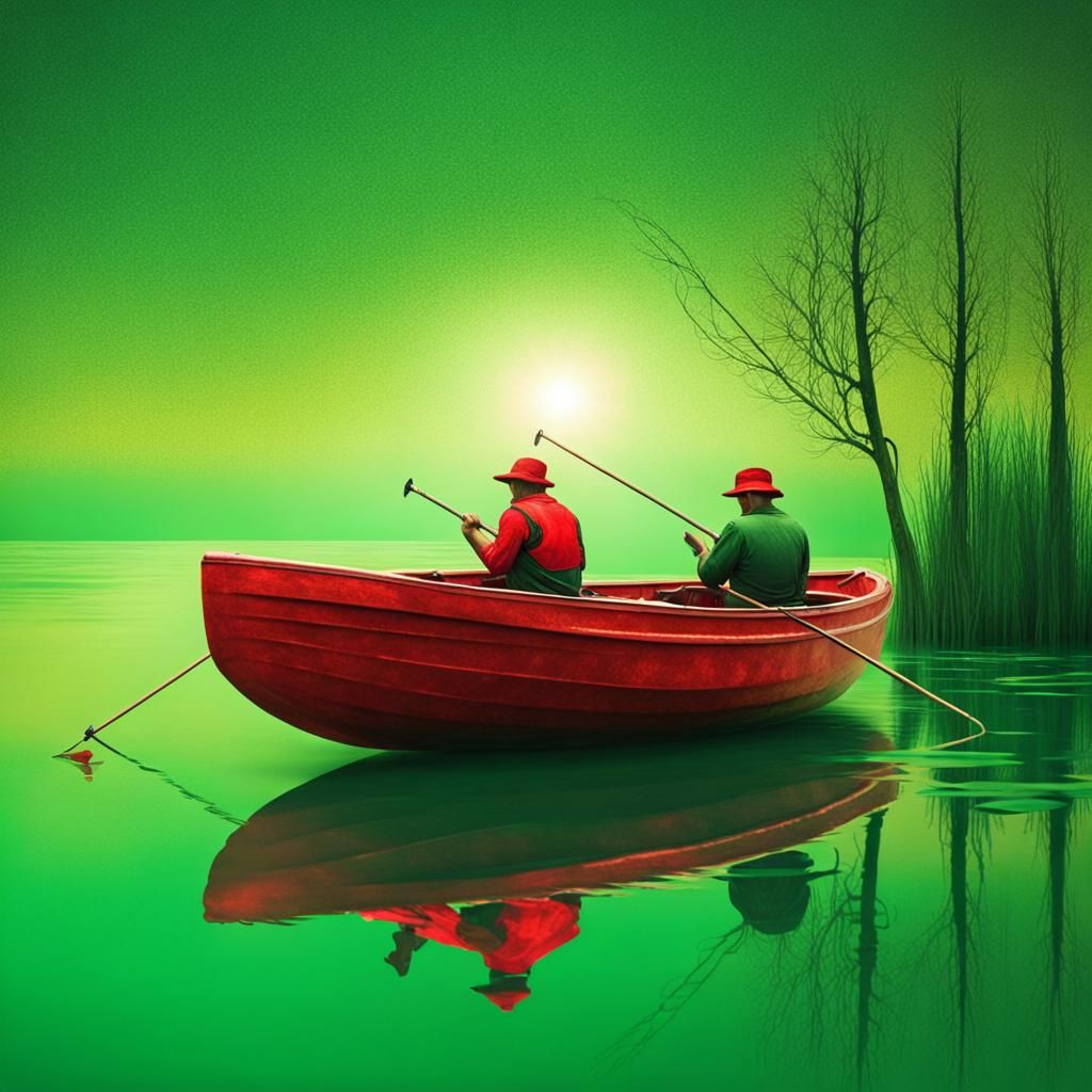 Surreal Rowing Boat on Red Lake in Bold Colors