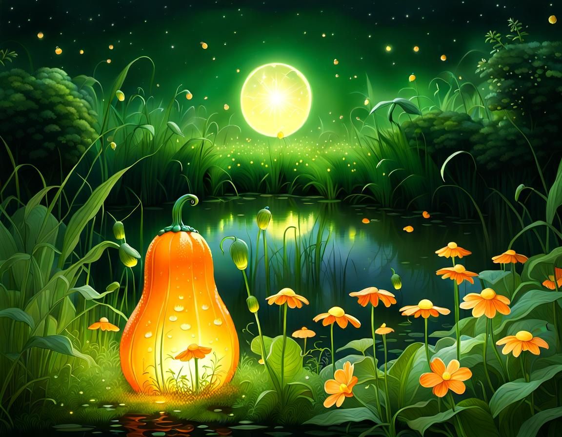 Dew-Covered Gourd and Fireflies in Photorealistic Style