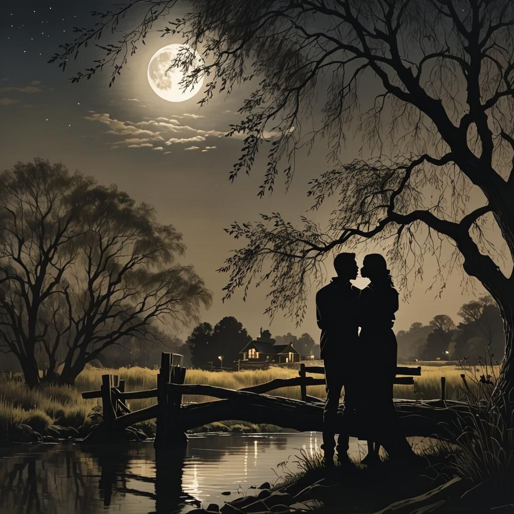 Romantic Couple Singing Under Willow Tree in Moonlight