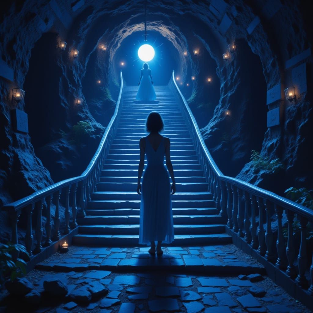 She watches the light of the lantern on the stairs of blue i...