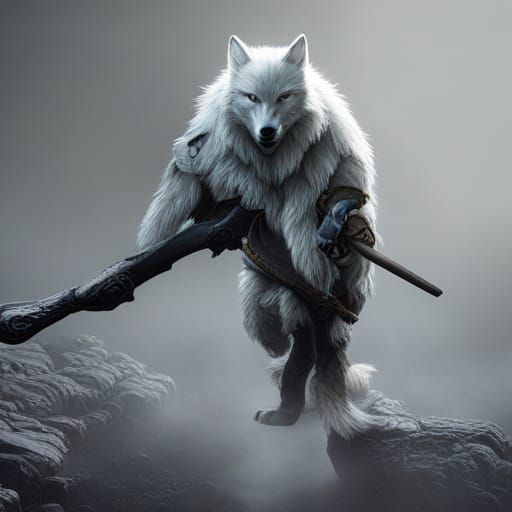 White Wolf with Dagger Fantasy Art