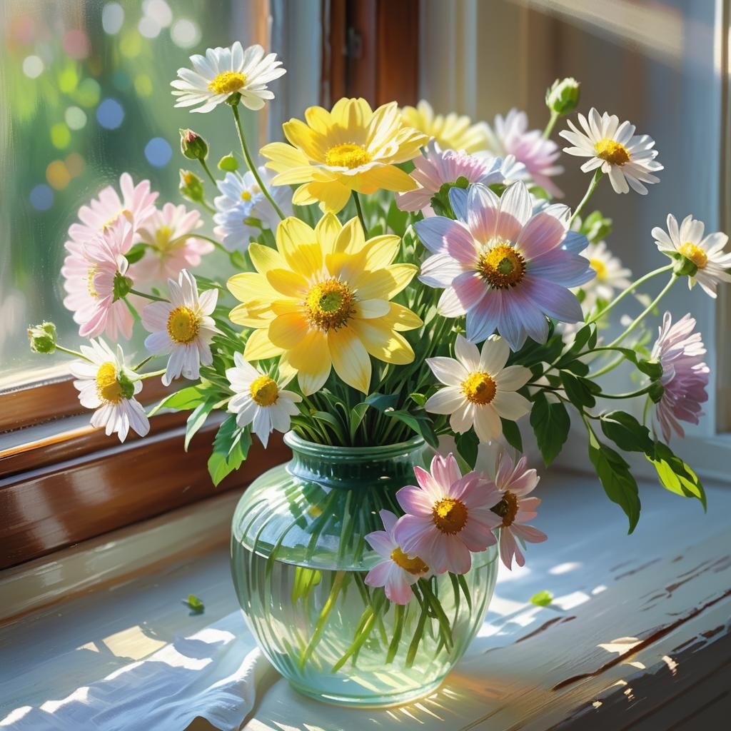 Flowers in Vase, Monet Style Impasto Texture