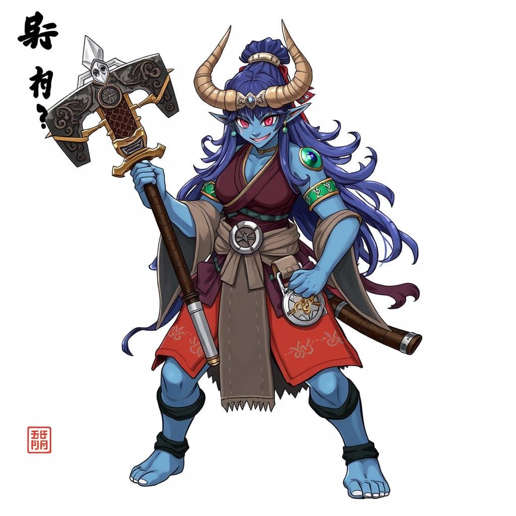 Blue Oni Ogre with Kanabo in Anime Style