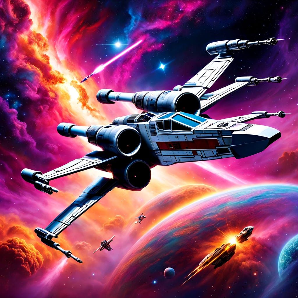 X-Wing Fighter Soars Through Nebula in Aerograph
