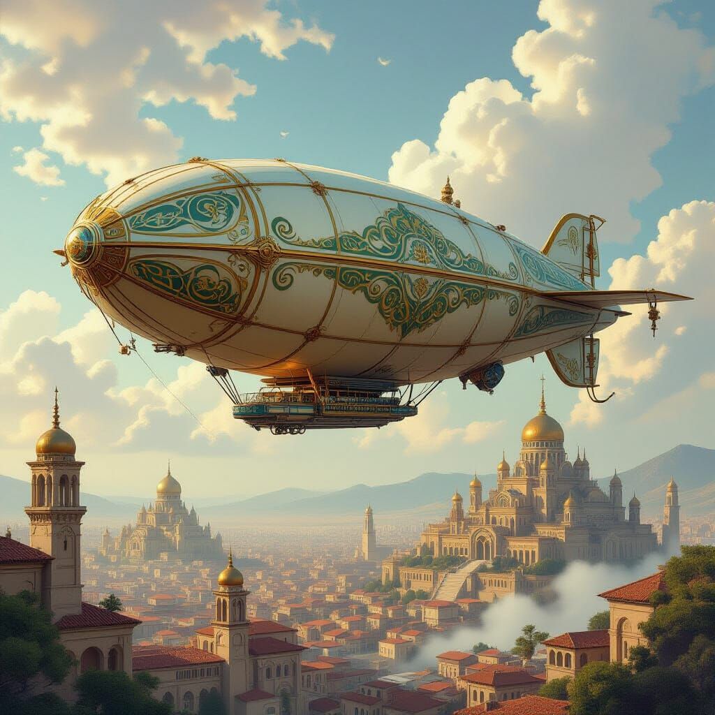 Art Nouveau Airship Over Ancient City