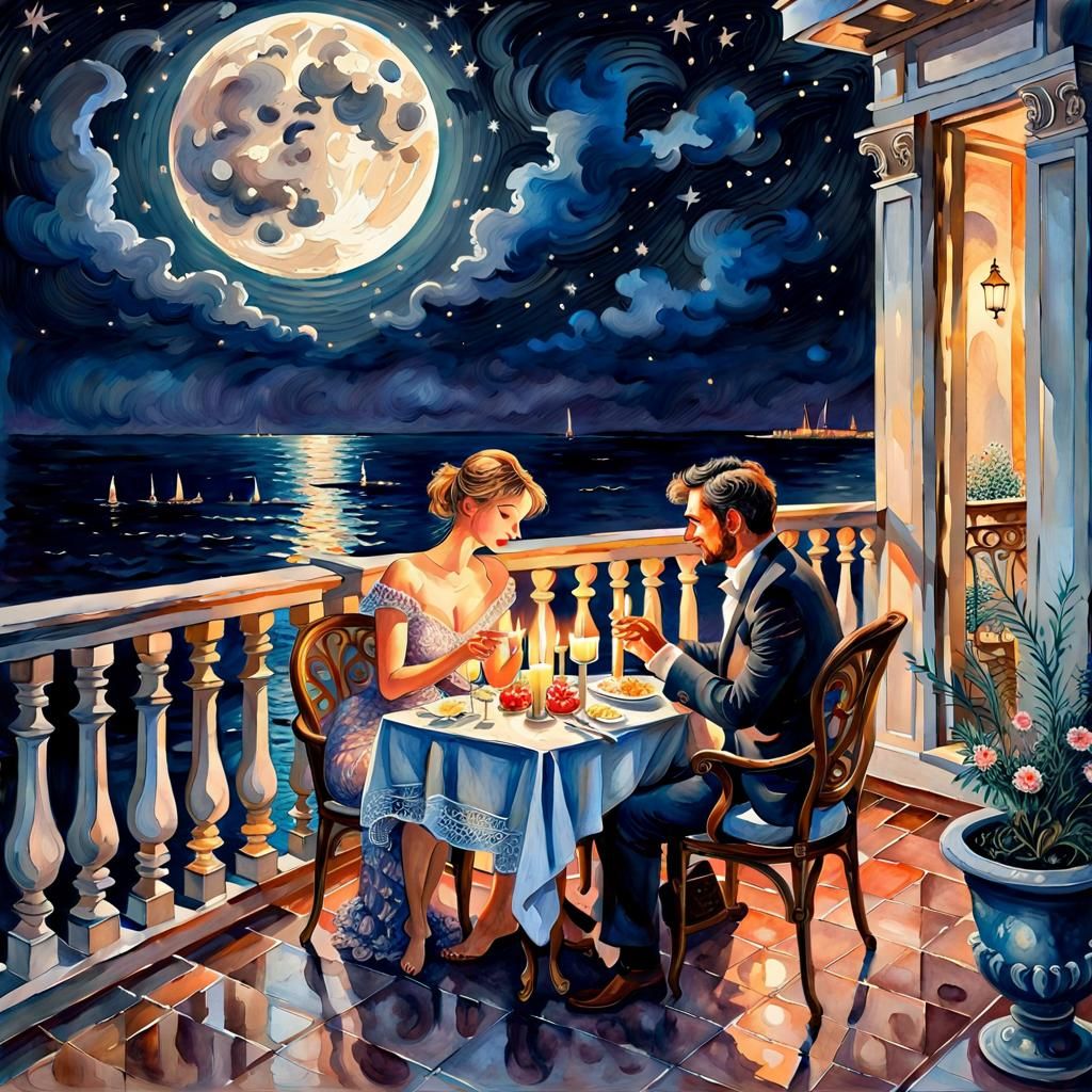 Romantic Seaside Dinner Under the Moon as Watercolor
