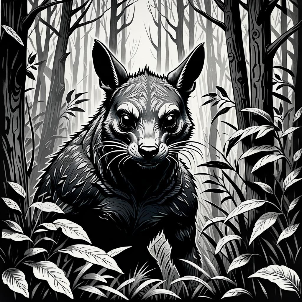 Monochrome Chupacabra Woodcut in Forest Undergrowth
