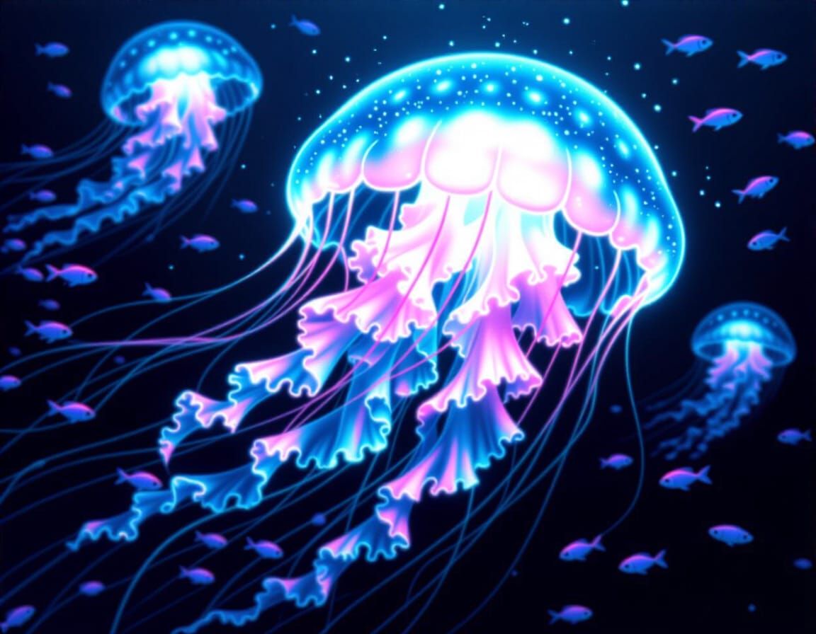 Bioluminescent Jellyfish Drifting Through Abyssal Ocean