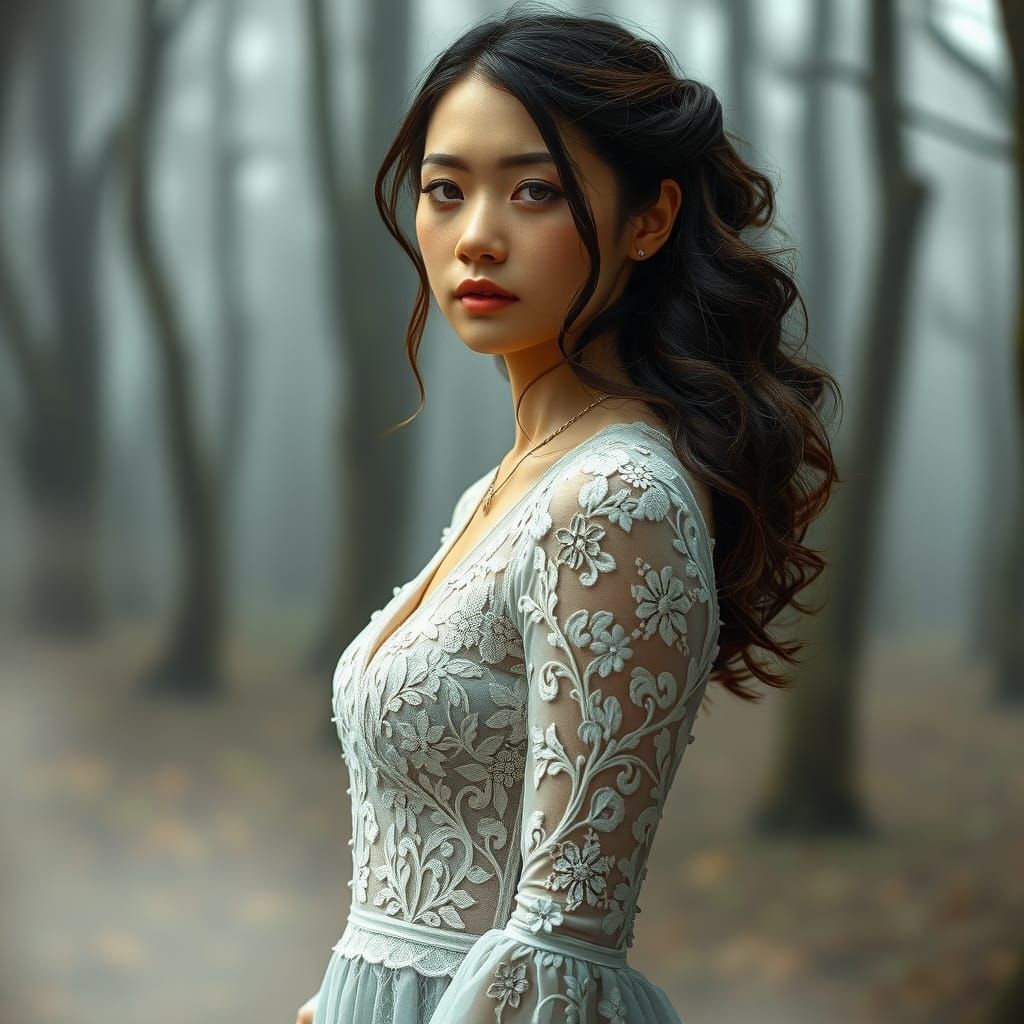 Lace Dress in Misty Forest, Dreamy Art