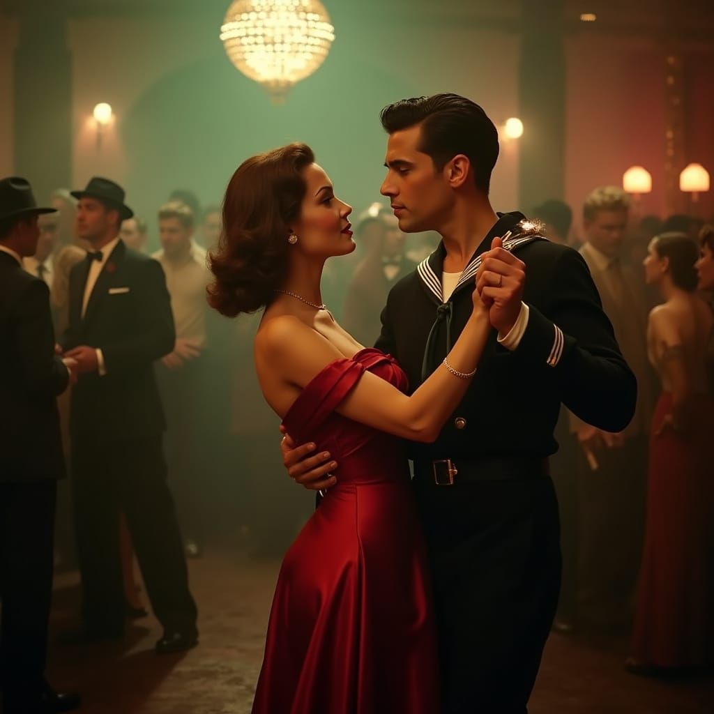 Glamorous Woman Dancing with Sailor in 1940s Club