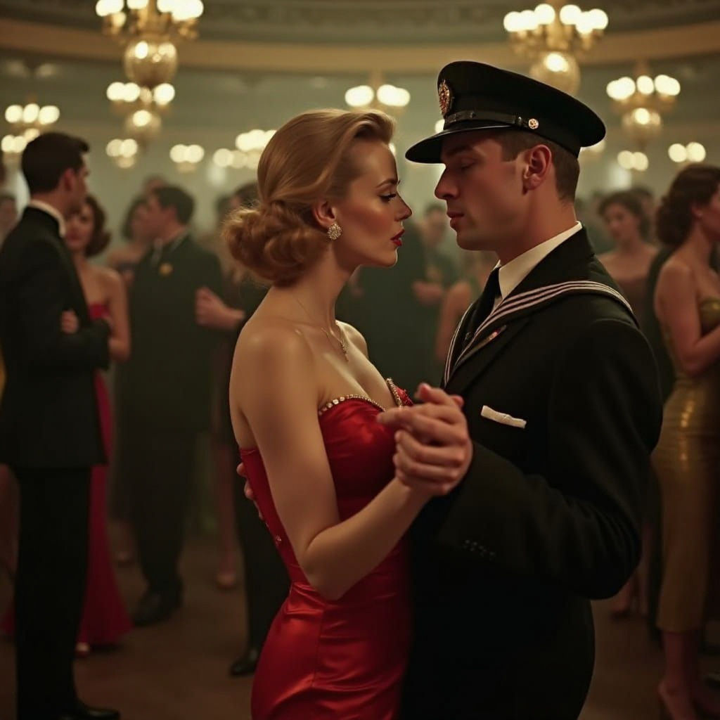 Glamorous 1940s Woman Dancing with Sailor