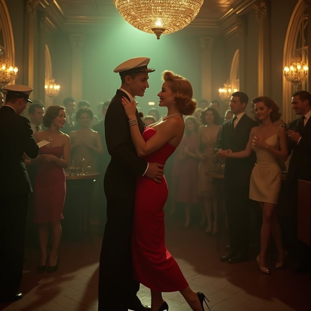 Glamorous 1940s Woman Dancing with Sailor in Club