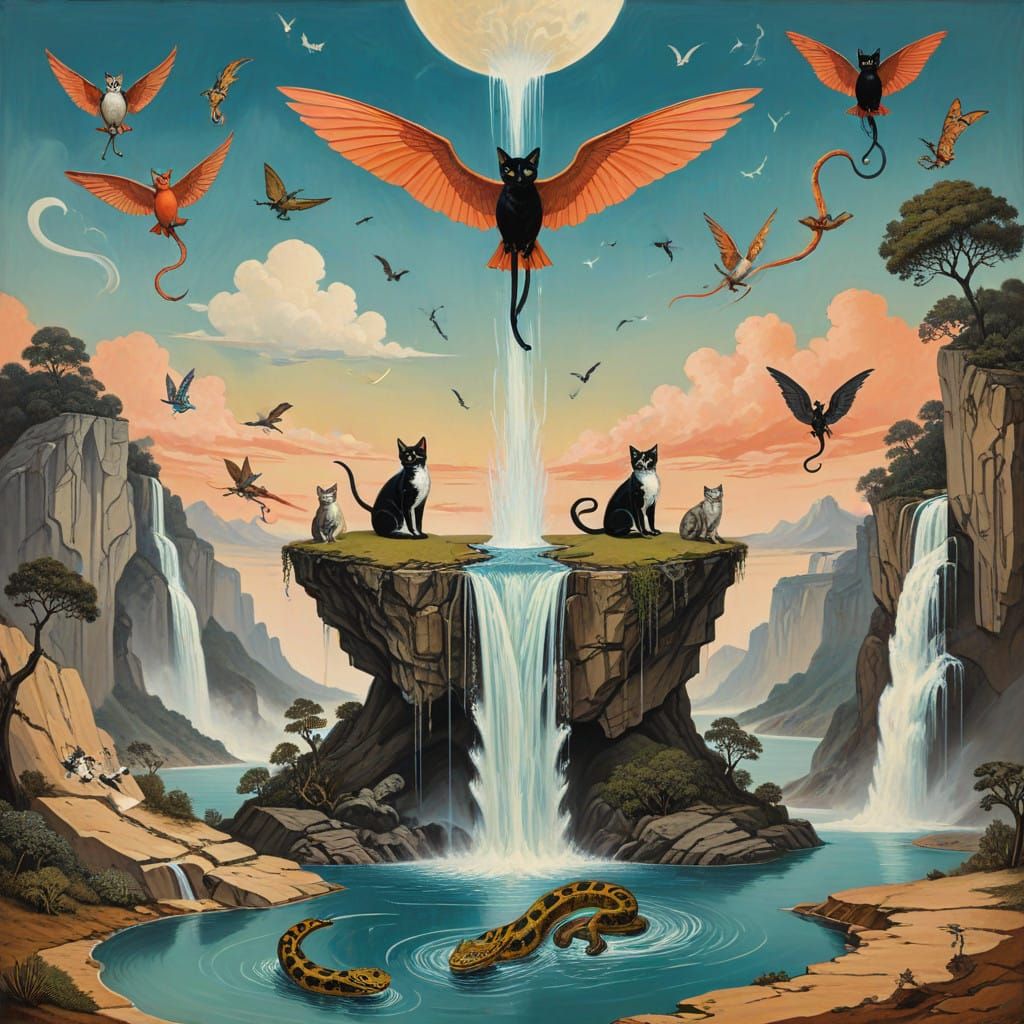 Surreal Dreamscapes with Flying Felines and Upside Down Wate...