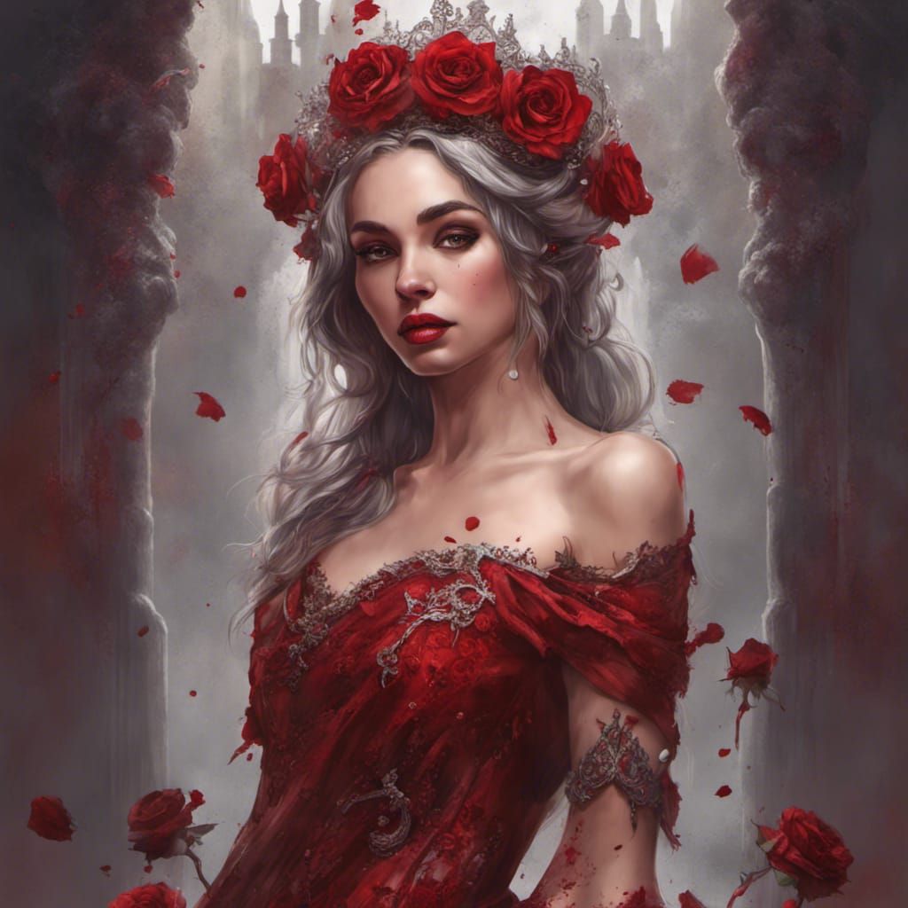 Gothic princess dressed in crimson dress and red roses with silver crown, Hyperrealistic, splash art, concept art, mid s...