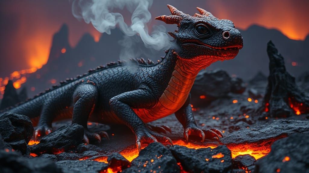 Fiery Dragon-Salamander in Volcanic Caldera