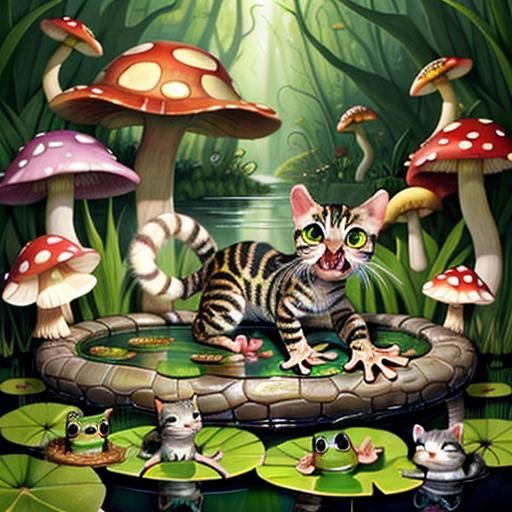 Surreal Kitten-Frog Hybrid in Snake Mouth, 3D Render