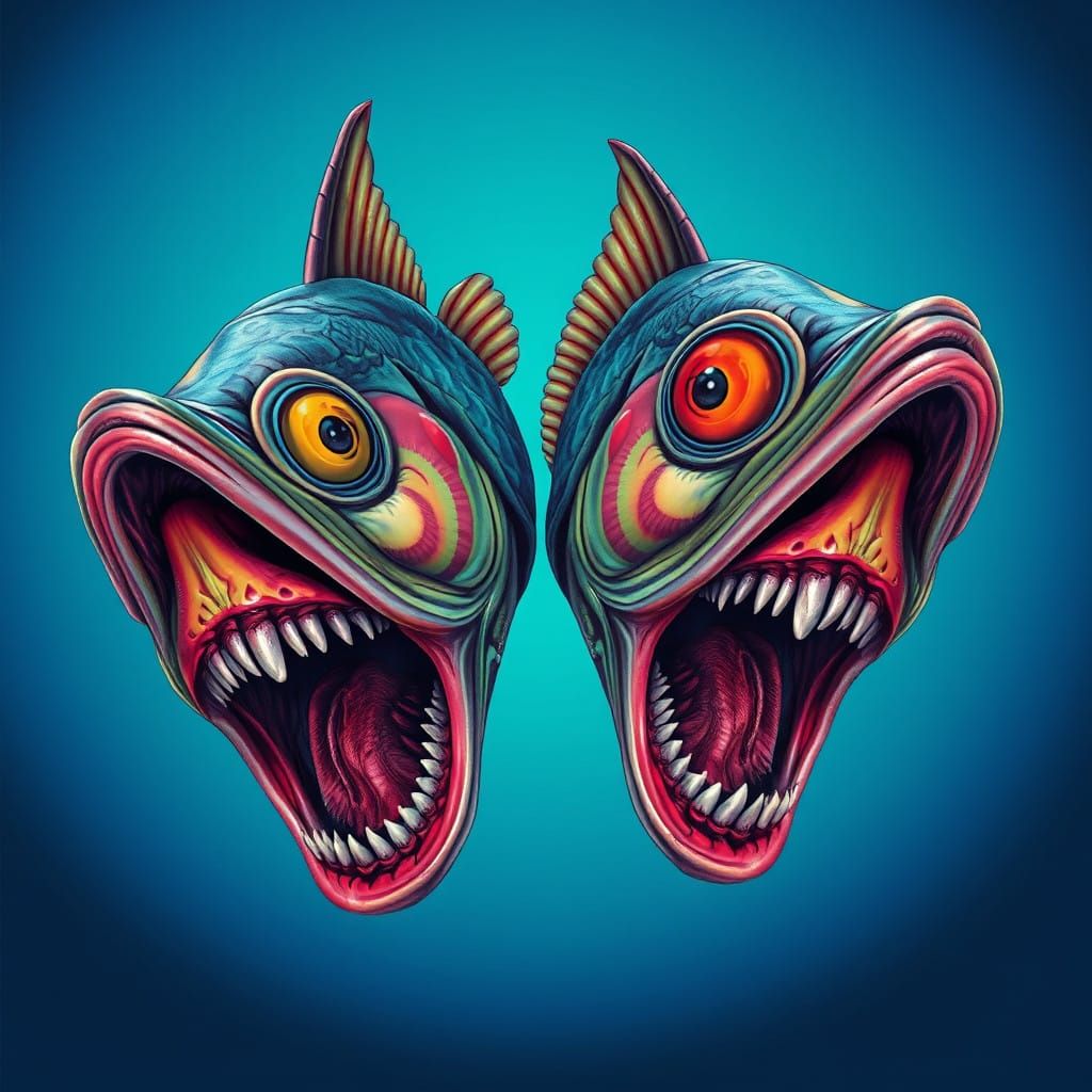 Vibrant, Grotesque Fish Heads in a Psychedelic Underwater Dr...