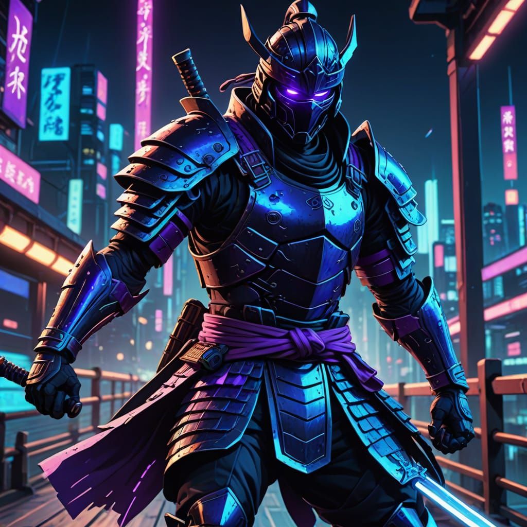 Cyberpunk Samurai vs Ninja on Bridge in Anime Style