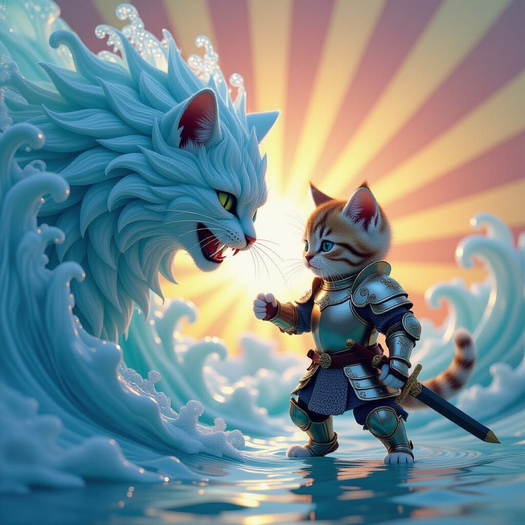 Armored Kitten vs Water Elemental in Digital Art