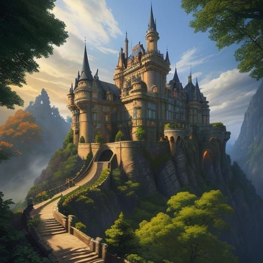 Majestic Castle at Sunset in Art Nouveau Style