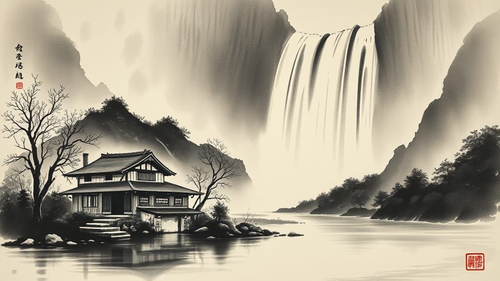 Sumi-e Serene Landscape: House by River and Waterfall