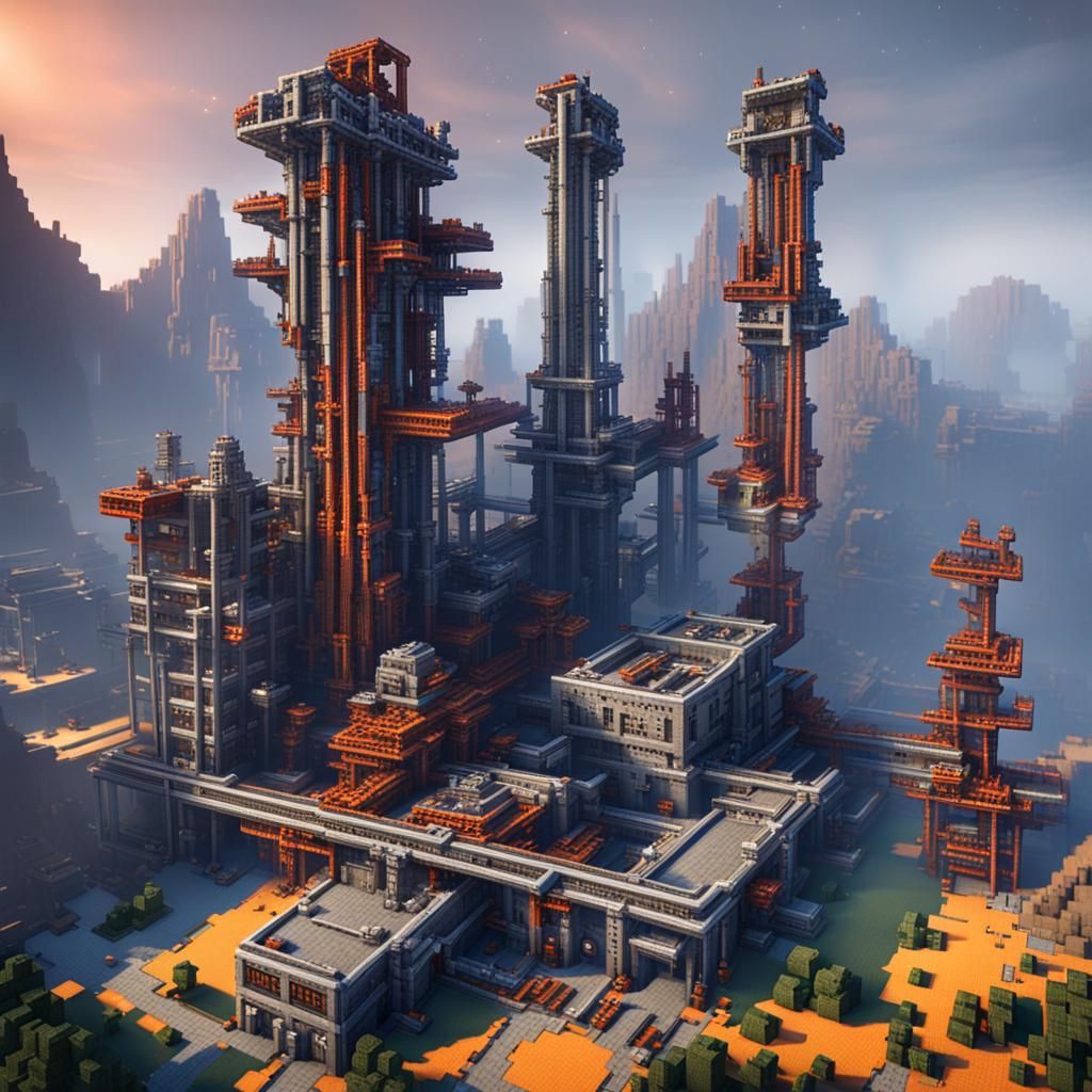 Industrial Minecraft Plant in Retro-Futuristic Style