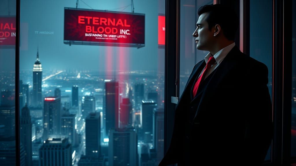 Suave Vampire Executive Stares Out at Cityscape