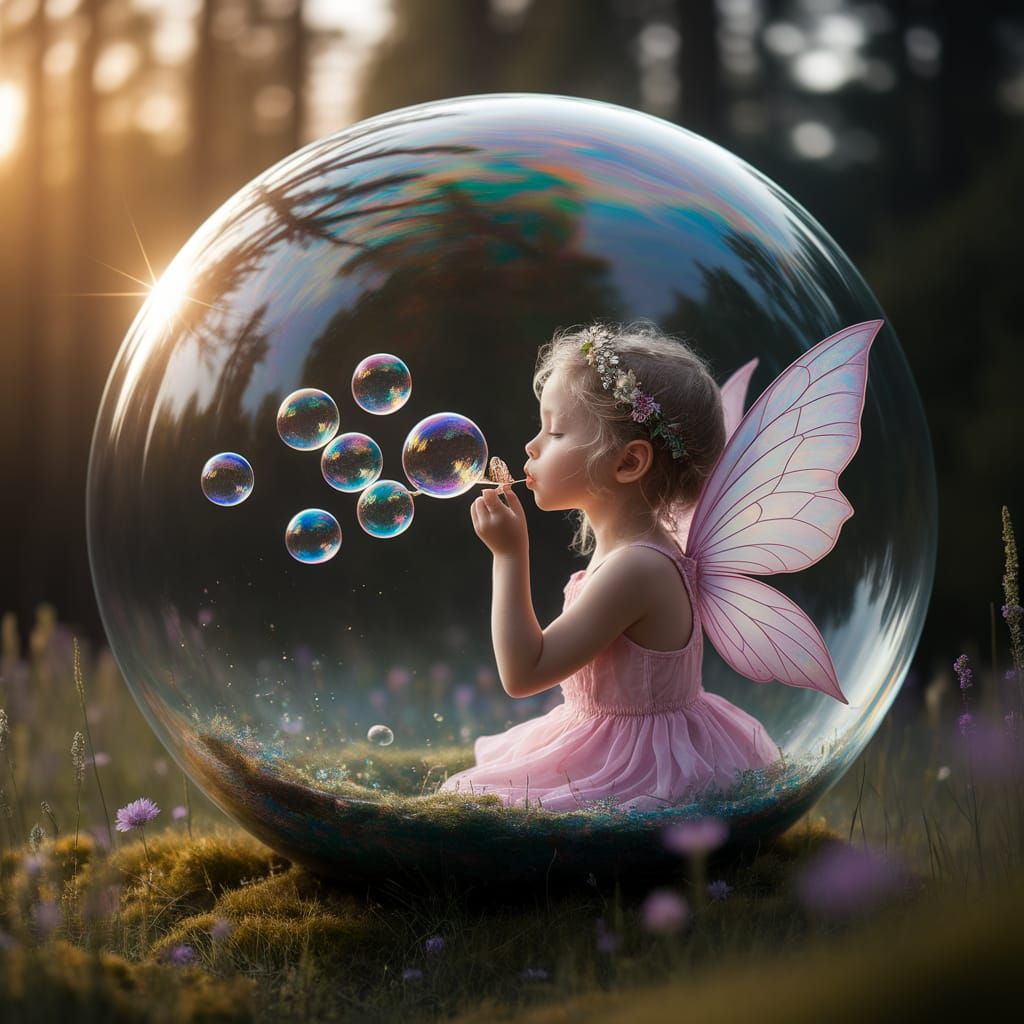Fairy Girl Blowing Bubbles in Glass Sphere
