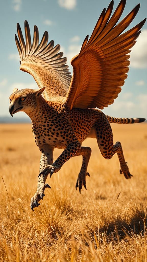 Majestic Cheetah-Hawk Hybrid Soaring Over Savannah