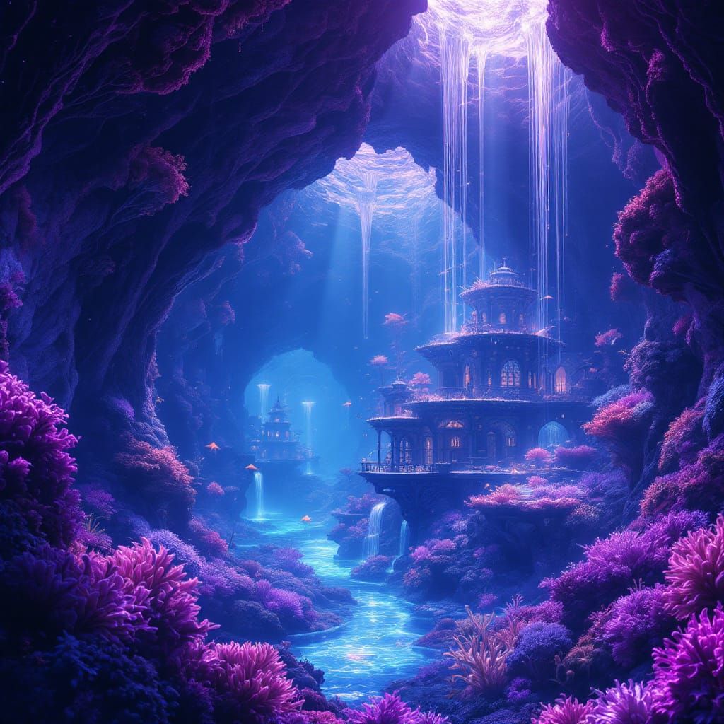 Hidden Underwater Village With Bioluminescent Coral Architec...