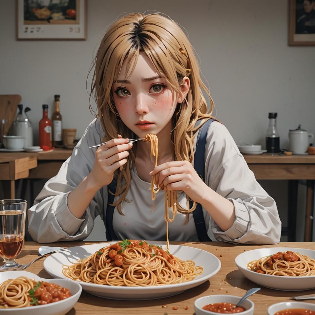 Sad Girl Eating Spaghetti: 3D Anime Art