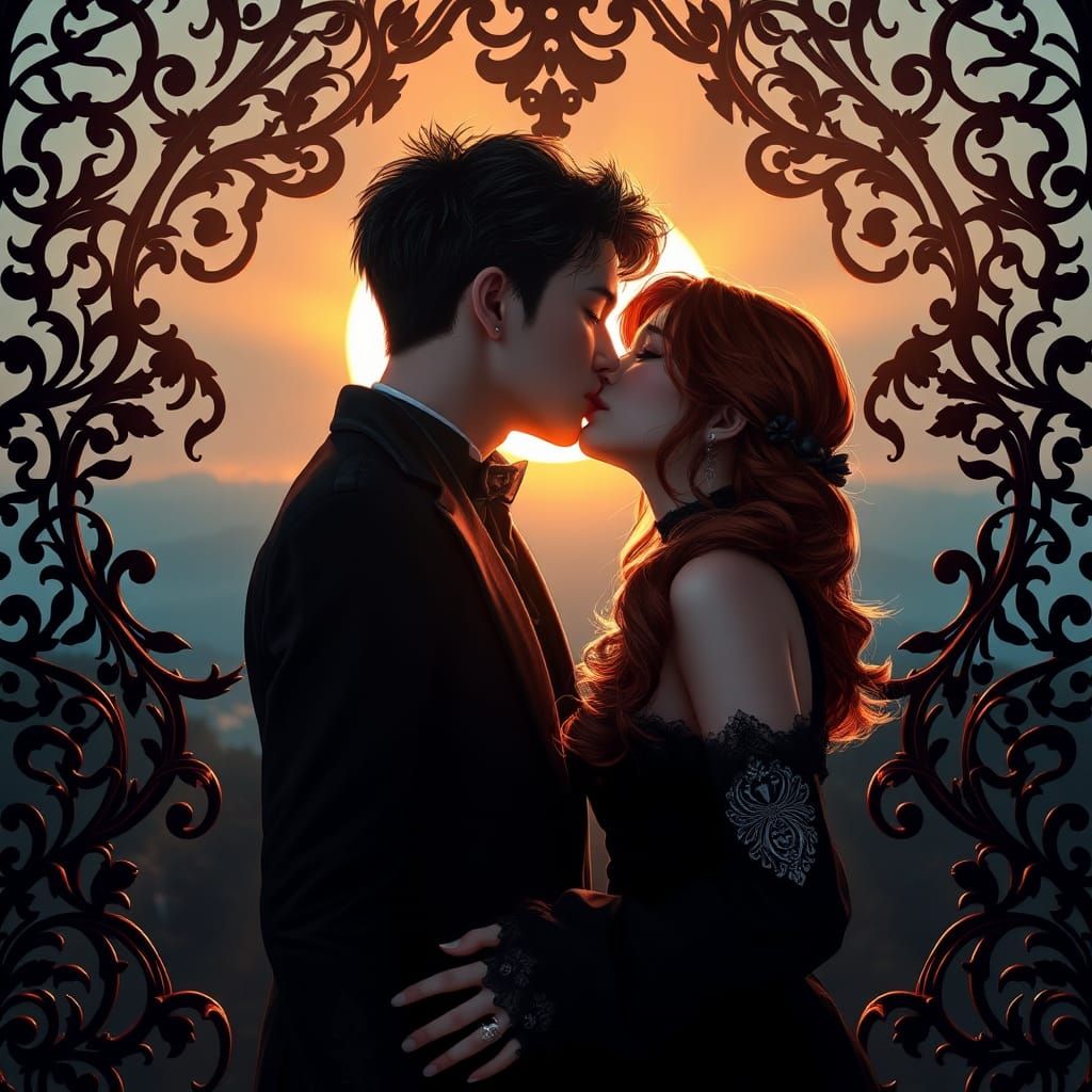 Romantic Goth Couple in Dawn Light, Anime Style