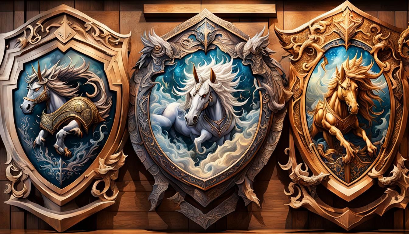 Mythical Shields Displayed on Medieval Tapestry