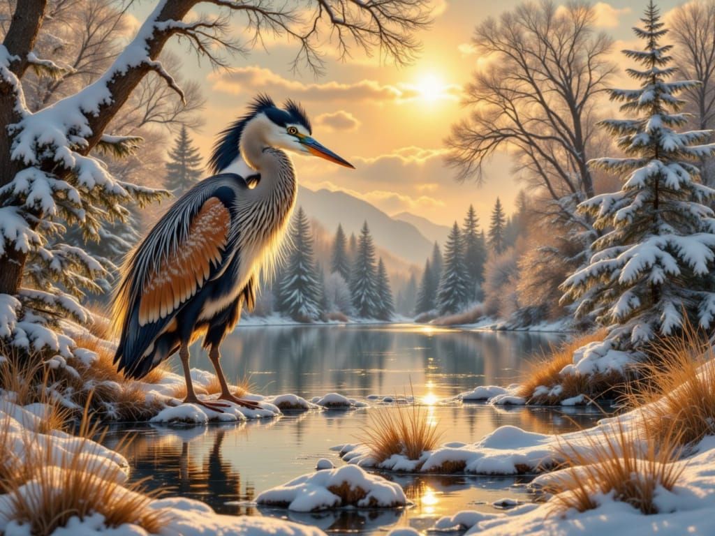 Majestic Heron in a Snowy Landscape