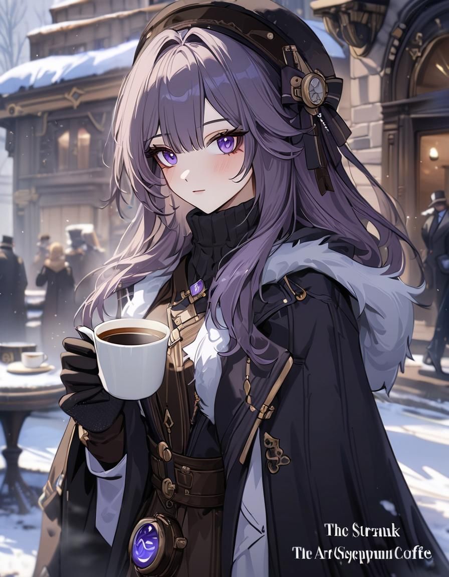 Steampunk Girl Enjoying Coffee in a Cold Day