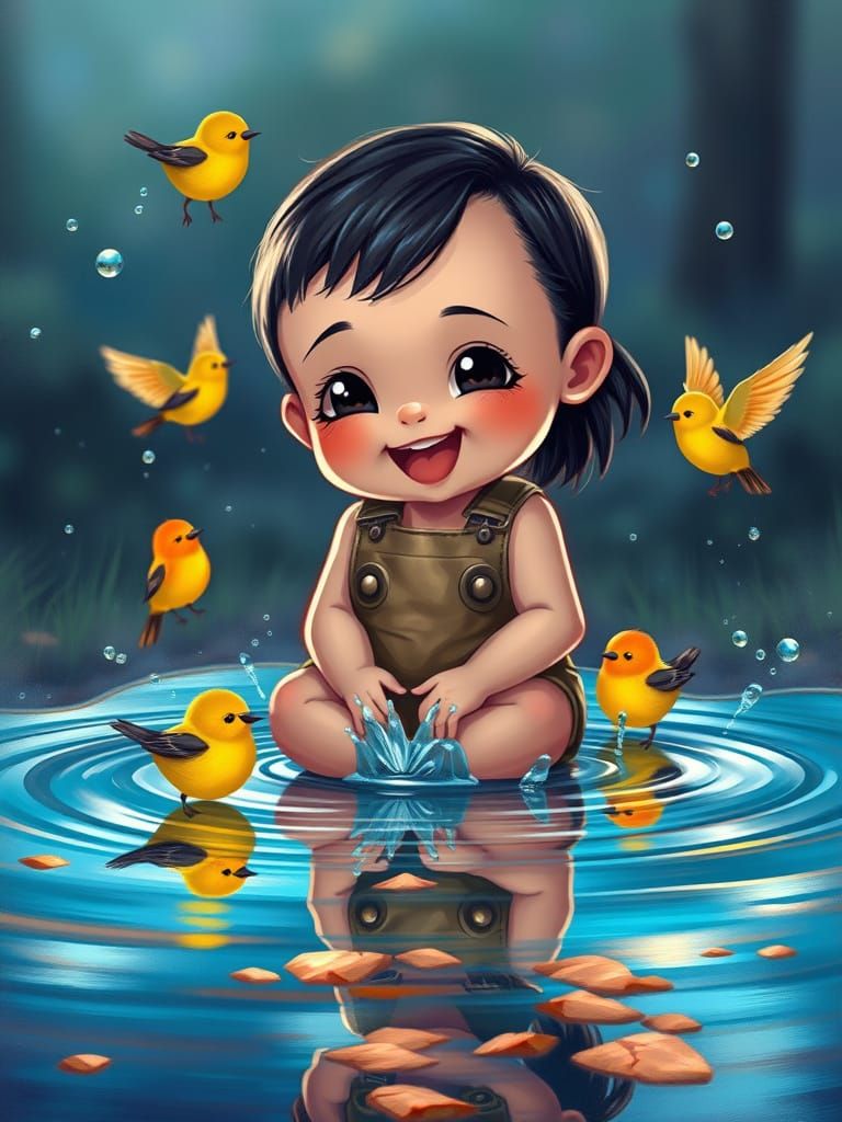 Chibi Girl's Birdbath: Vibrant Oil Painting