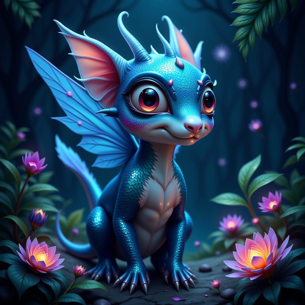 Fantastical Creature in Bioluminescent Forest Digital Painti...