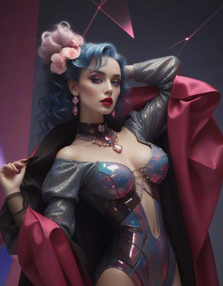 Vibrant Goddess in Cyberpunk Cityscape