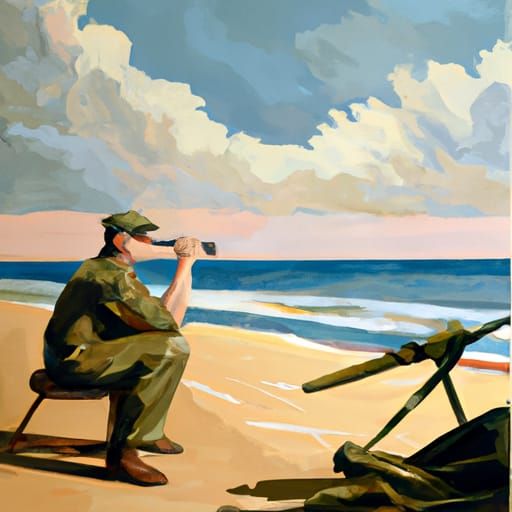 Marine with Machine Gun on Iwo Jima Beach in Edward Hopper S...