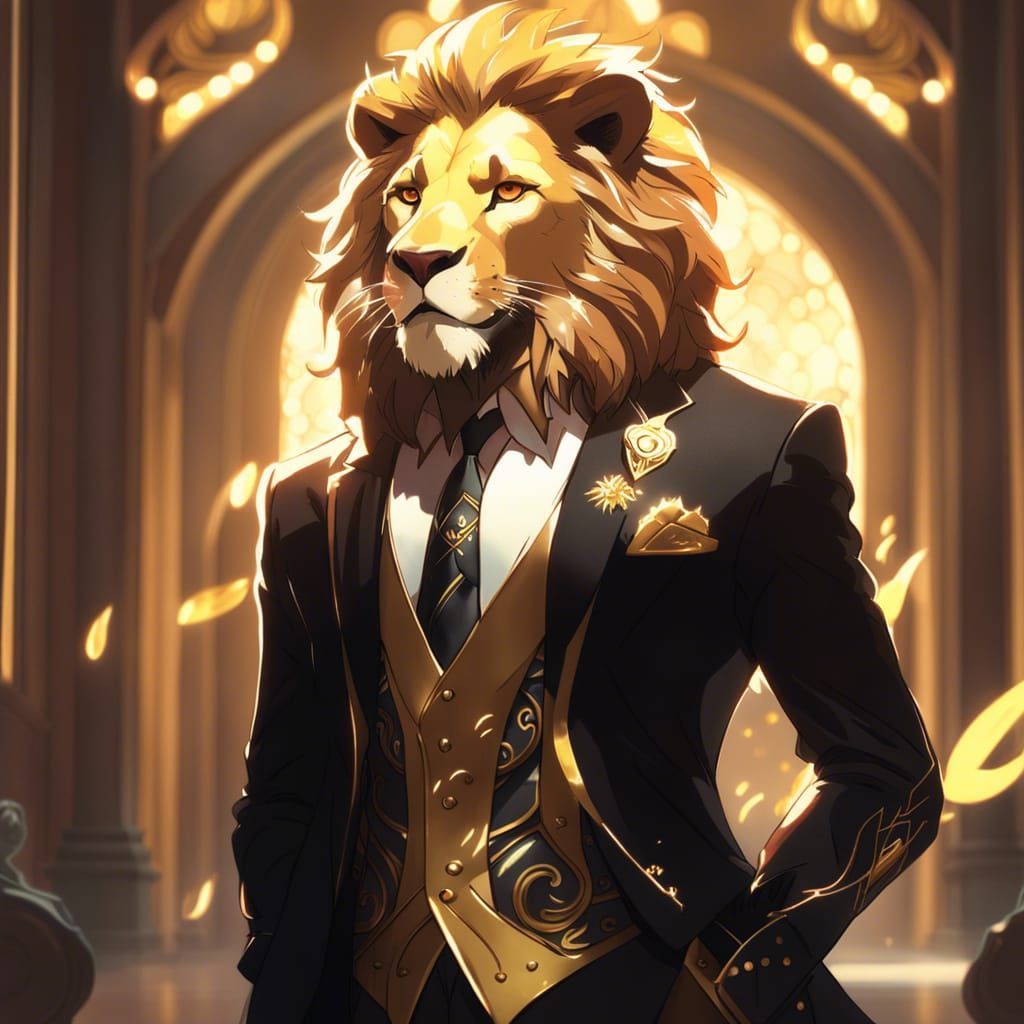 Anthropomorphic Lion in School Hallway, Anime Style