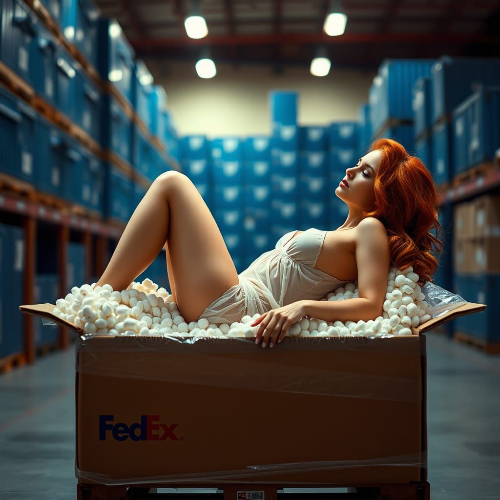 Sultry Pin-up in FedEx Warehouse, a Cinematic Film Still