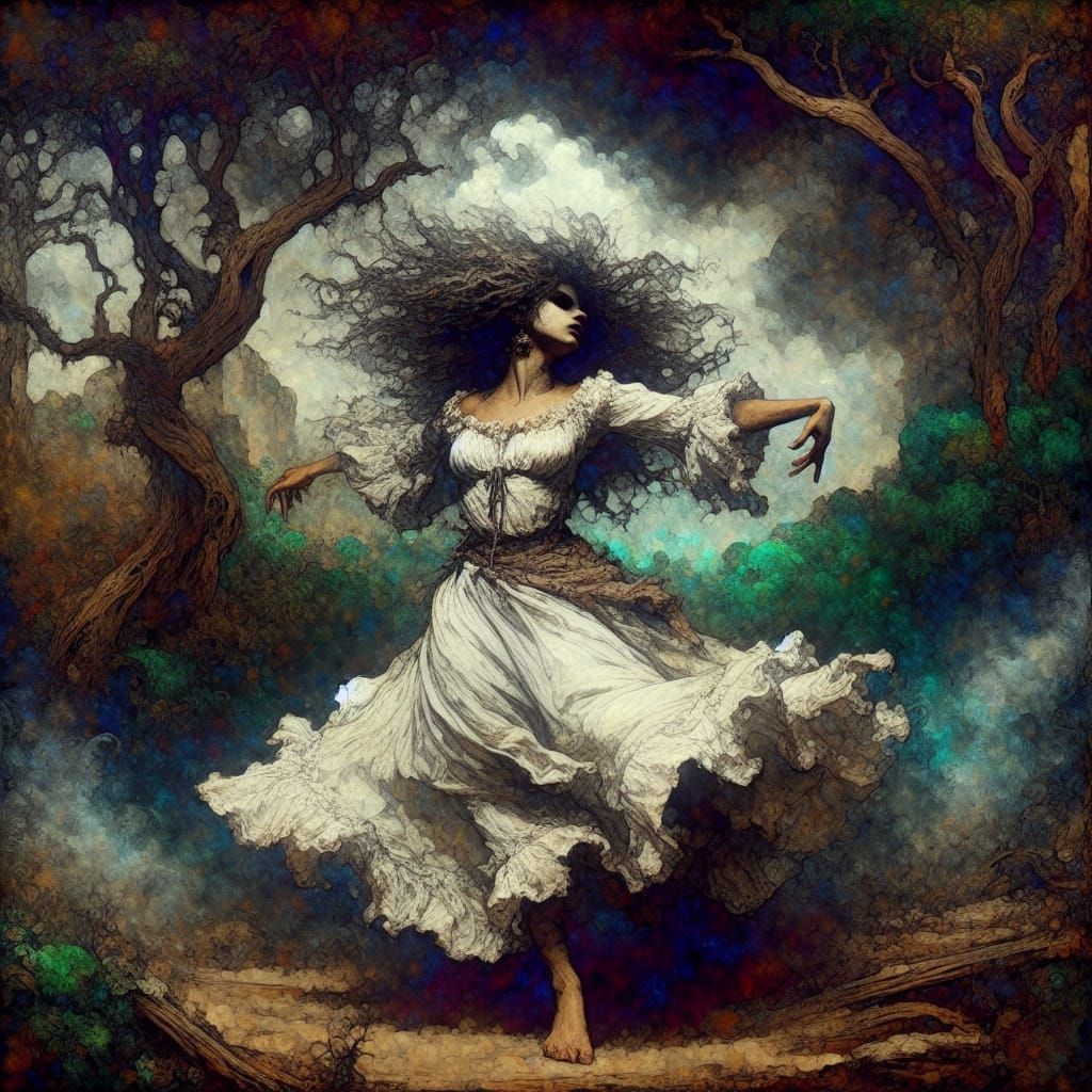 Woman Dancing in Lush Forest: Impressionistic Fantasy Art